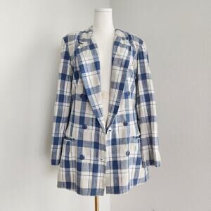 Vintage 90s Blue Tan Plaid Linen Blend Double Breasted Blazer Long Suit Coat M L